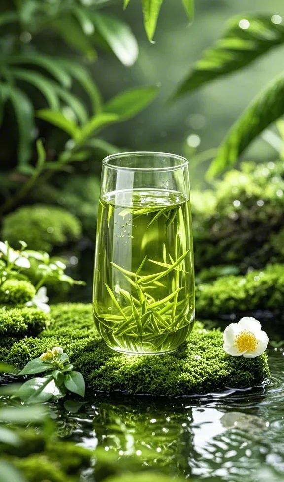 一杯绿茶放置在一片茂密的森林中，周围环绕着各种植物，如茶叶、苔藓、茶花，整个画面以绿色调为，倒影，水波纹，增加了画面的纵深感和质感，瓶子被聚焦在画面中央，周围的环境包括植物和水都被虚化处理，自然光源，....jpg
